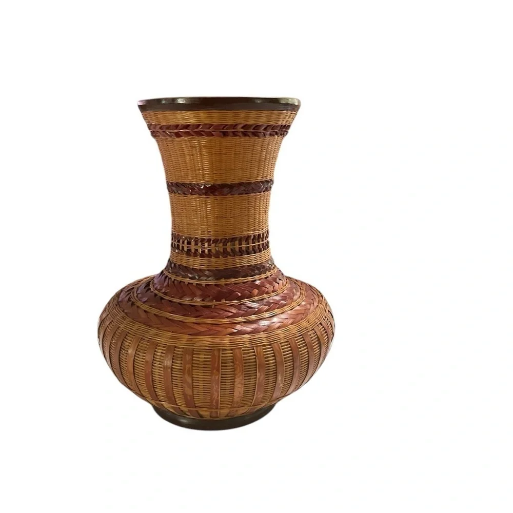 Vintage Shanghai Handicrafts Woven Wicker Rattan Bamboo Vase China 10.5